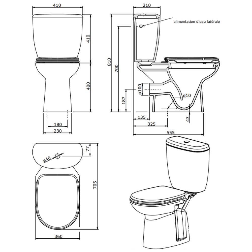 PACK WC Aveiro au sol Sortie Horizontale Entrée Latérale blanc avec bride (Cuvette, Réservoir NF et Abattant Thermoplast NF) - Sanindusa