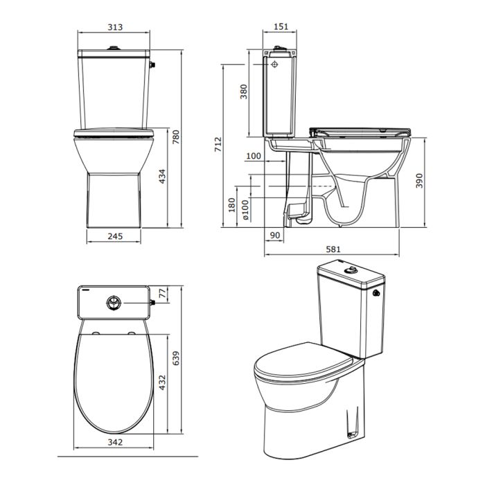 Pack WC Easy au sol rimflush, sortie horizontale sans bride, entrée latérale blanc (Cuvette, Réservoir avec mécanisme 3/6L,Abattant slowclose) - Sanindusa